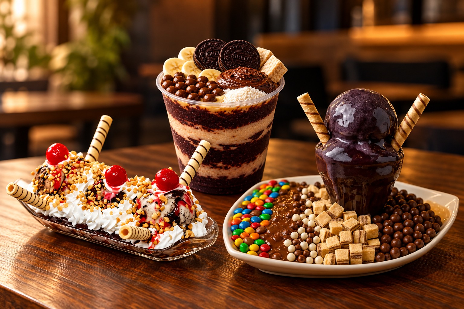 Barca de açaí, Banana Split e açaí CAPITTANI servidos sobre mesa de madeira